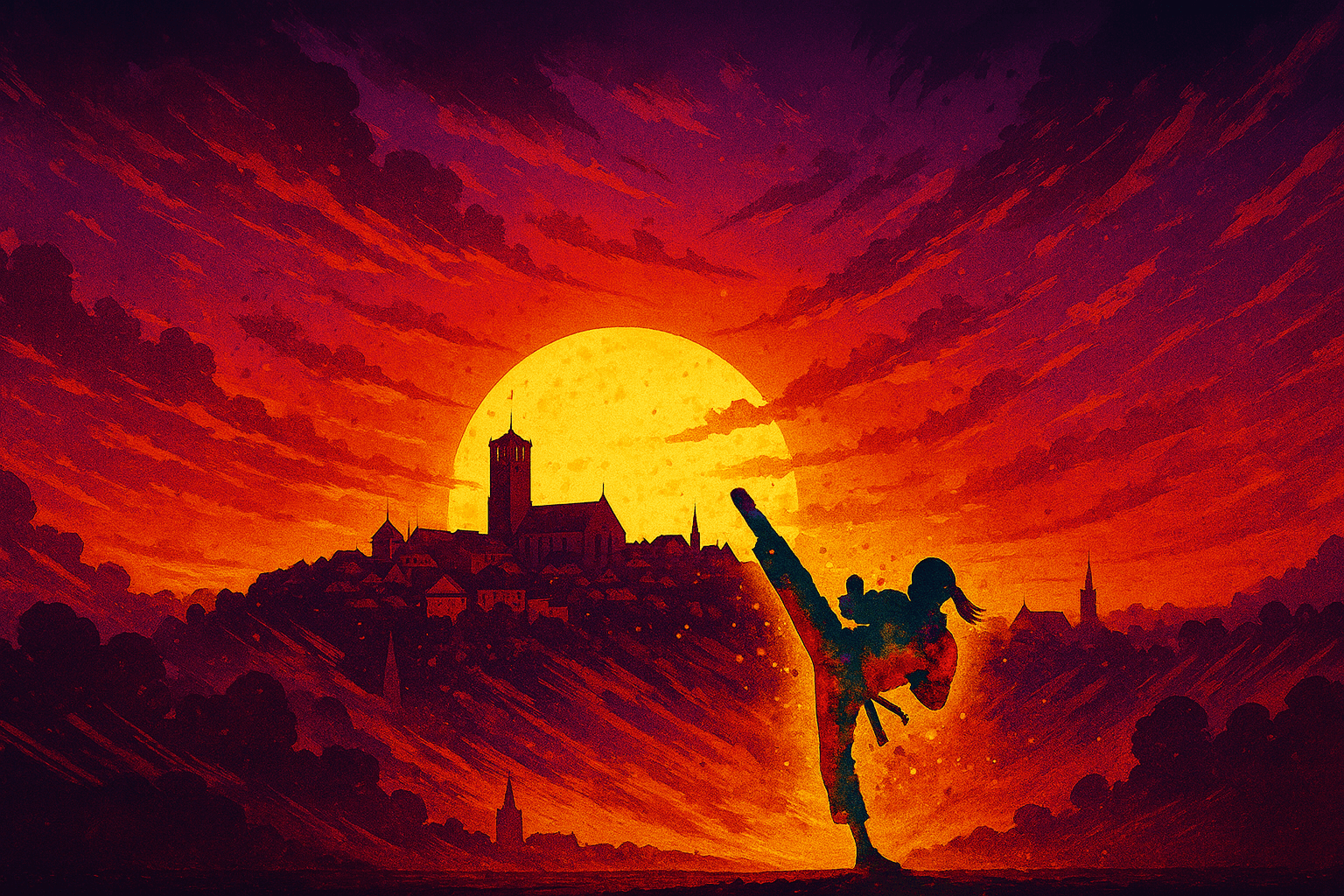 Karatéka au coucher du soleil sur Figeac